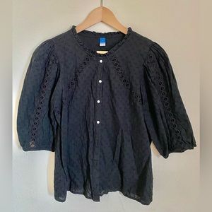 Black Ruffle Crew Neck Puff Sleeve Top